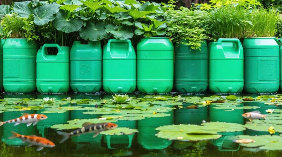 Community water garden created from repurposed 5-gallon jugs, showcasing vibrant water plants and small fish within tranquil, sustainable ecosystems.