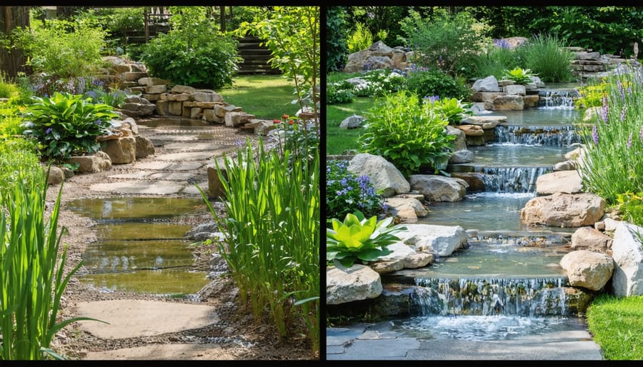 Split image showing neglected pond area transformed into vibrant water garden with flowering aquatic plants