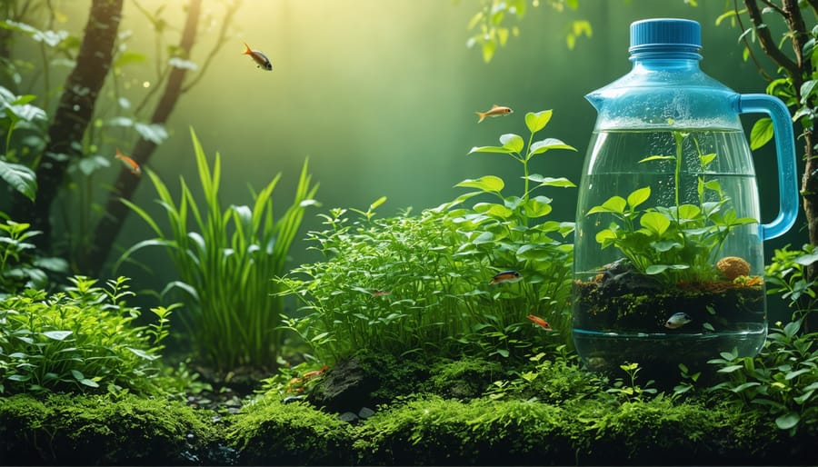 Flourishing water garden made from recycled 5-gallon jug with water plants and fish