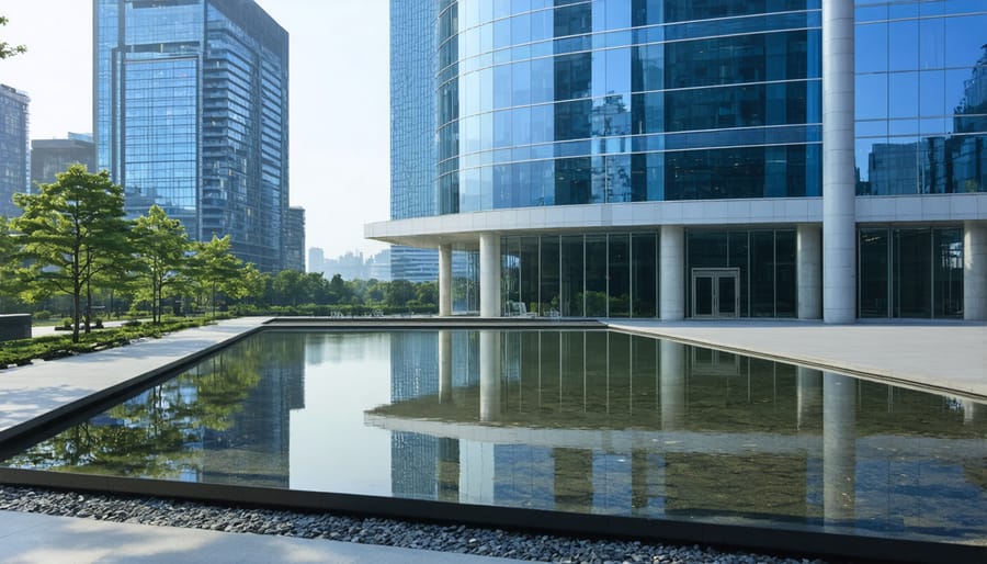 Contemporary office building with large reflecting pool showcasing modern architectural design