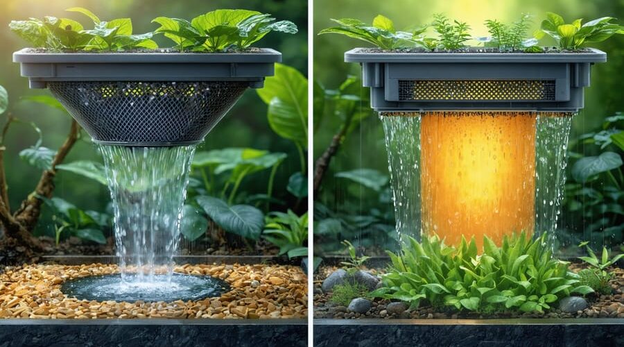A split-view image showing mechanical filtration with a mesh filter capturing debris and biological filtration with lively media housing beneficial bacteria, set against a backdrop of a peaceful garden water feature with crystal-clear water.