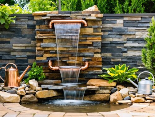 A tranquil backyard setting featuring DIY water features like a rustic stone waterfall, a modern wall fountain with copper pipes, and whimsical watering can spouts, surrounded by lush greenery and ambient lights.