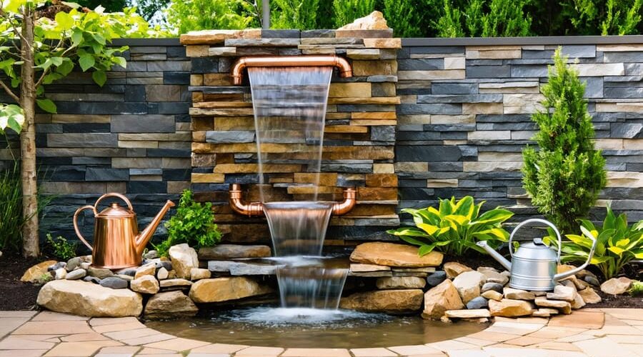 A tranquil backyard setting featuring DIY water features like a rustic stone waterfall, a modern wall fountain with copper pipes, and whimsical watering can spouts, surrounded by lush greenery and ambient lights.