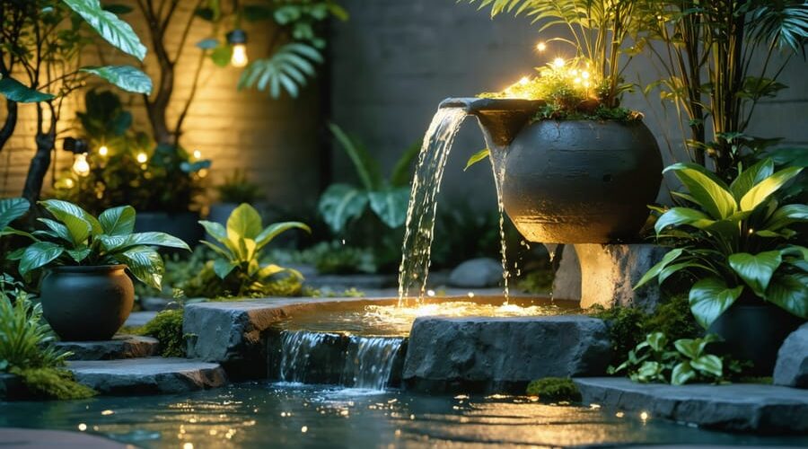 A glowing cascade from a tiered terracotta pot fountain in a night garden setting, illuminated by soft LED lights, with shimmering reflections and shadowy plants creating a peaceful atmosphere.