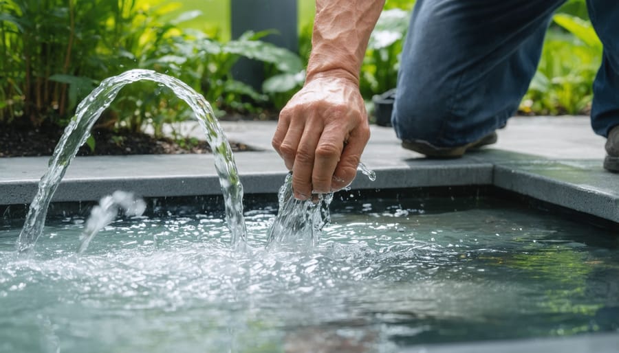 Licensed contractor installing GFCI protection and waterproof electrical connections for water feature