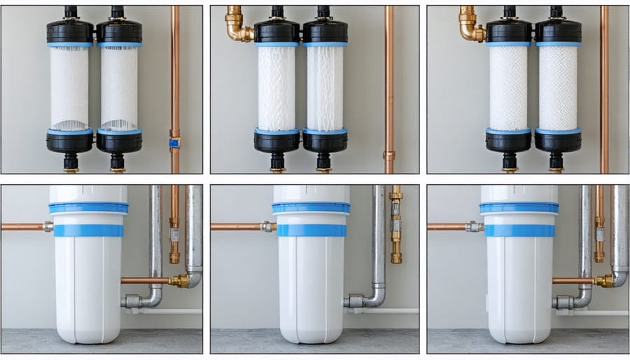 Sequential photos showing water feature filter installation steps