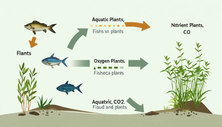 Infographic illustrating the symbiotic relationship between pond fish and aquatic plants
