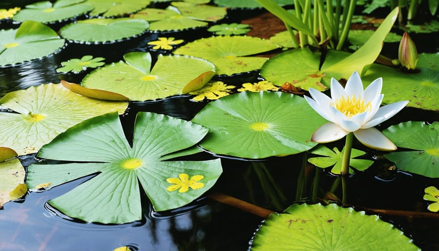 Various floating aquatic plants including pink water lilies and small duckweed covering the water surface