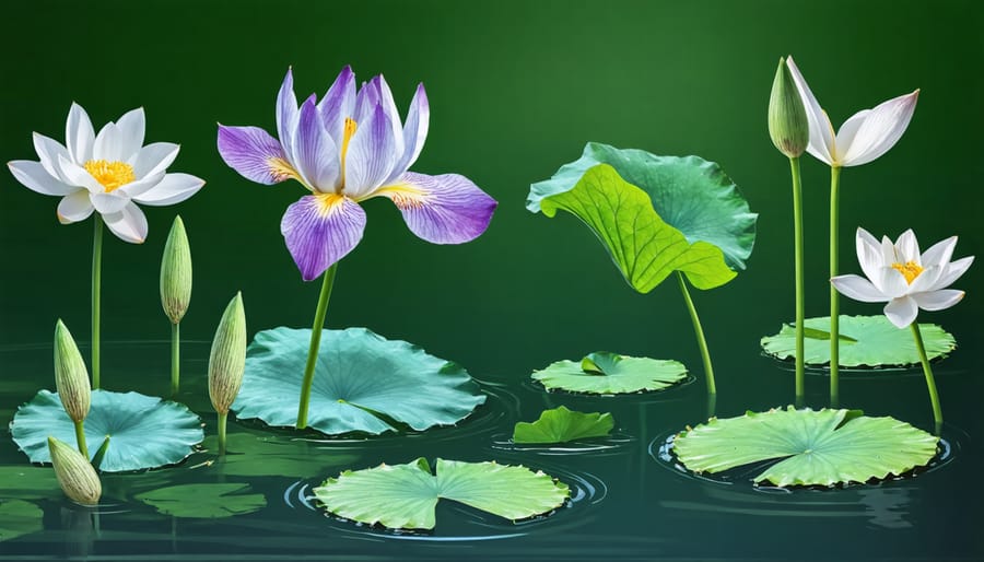 Beautiful flowering emergent plants showing colorful blooms above water surface