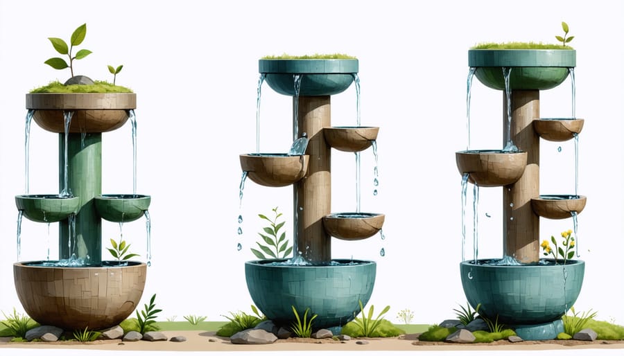 Sequential images showing the construction process of a wildlife water fountain