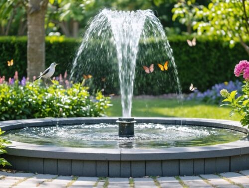 A garden with a central water fountain attracts various local wildlife, including birds, butterflies, and small mammals, surrounded by lush greenery and vibrant flowers.
