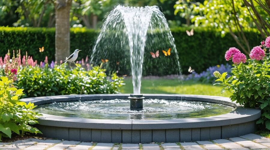 A garden with a central water fountain attracts various local wildlife, including birds, butterflies, and small mammals, surrounded by lush greenery and vibrant flowers.
