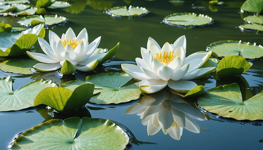 Various colored hardy water lilies with leaves floating on still pond water