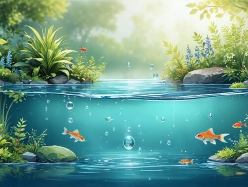 A conceptual illustration of a balanced pond ecosystem showing a variety of aquatic plants, clear water with beneficial bacteria, and thriving fish, alongside smart pond features like filtration systems and depth variations.