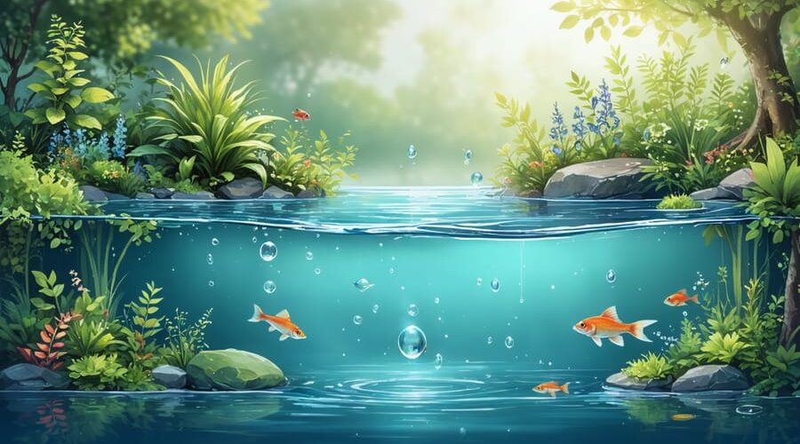 A conceptual illustration of a balanced pond ecosystem showing a variety of aquatic plants, clear water with beneficial bacteria, and thriving fish, alongside smart pond features like filtration systems and depth variations.