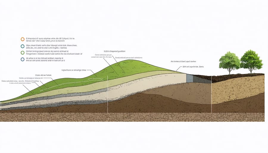 Technical illustration of hillside soil composition and slope analysis for pond construction