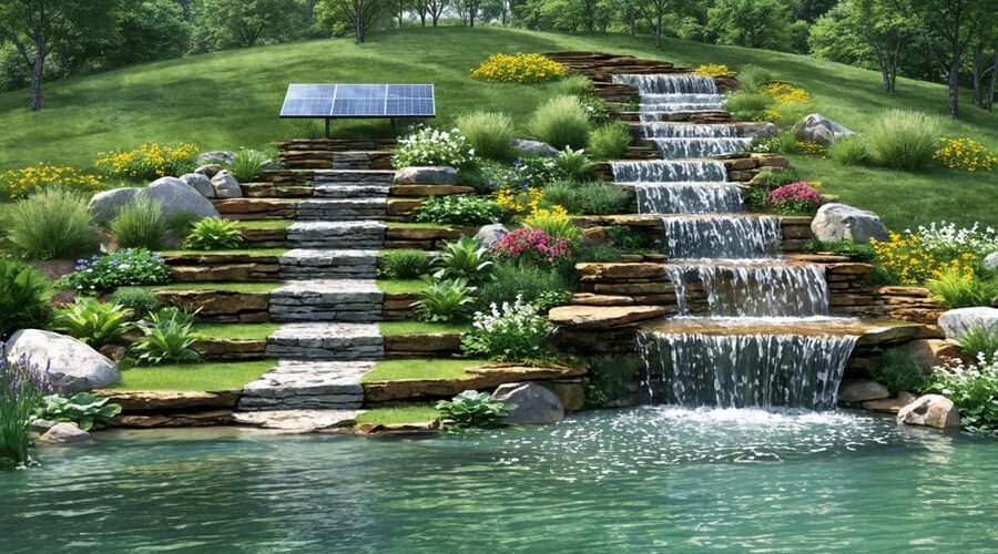 A beautifully crafted hillside pond with terraced levels and a waterfall, surrounded by native plants and local stones, emphasizing a sustainable and eco-friendly water feature design.