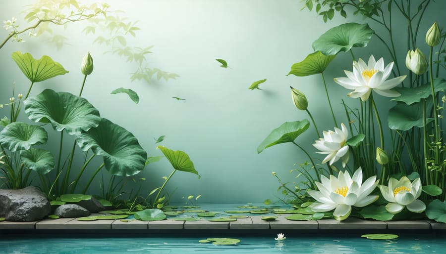 Display of various indoor-friendly aquatic plants with labels showing their names