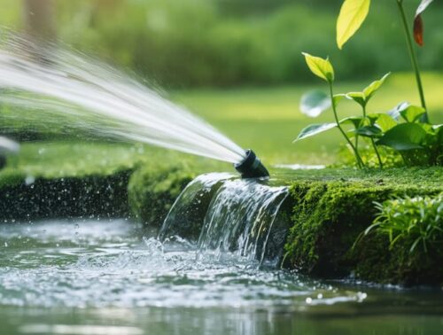 A well-maintained irrigation pump surrounded by a lush green garden and a tranquil pond, symbolizing efficient water management and sustainability.