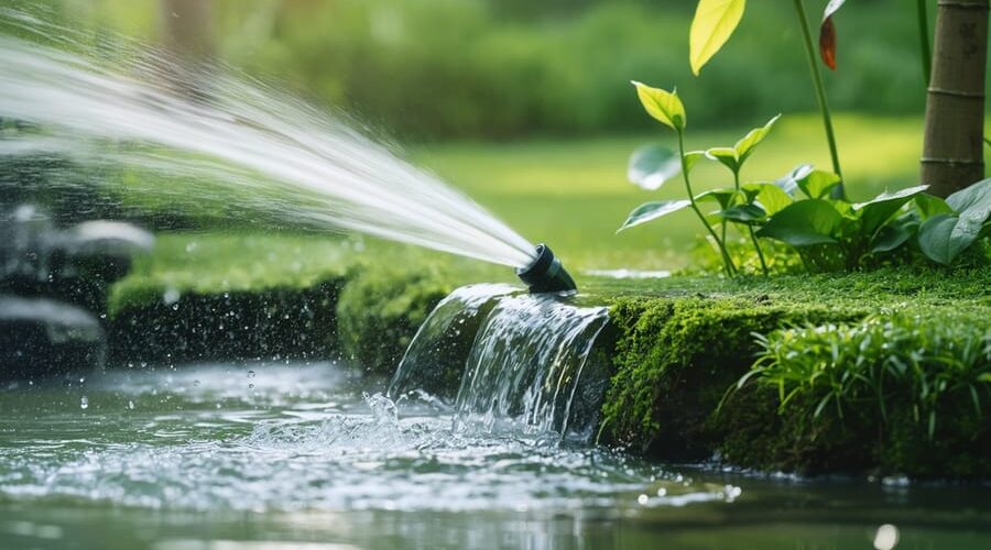 A well-maintained irrigation pump surrounded by a lush green garden and a tranquil pond, symbolizing efficient water management and sustainability.