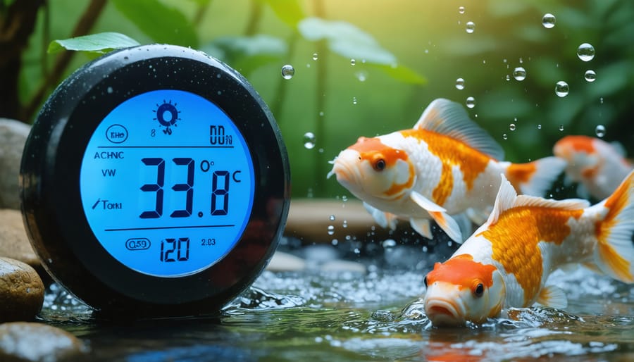 Digital pond thermometer showing winter water temperature measurement with koi swimming below