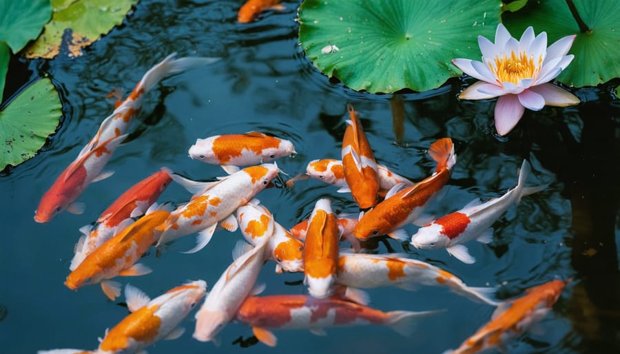 Ornamental koi fish swimming beneath flowering water lilies in a clear pond