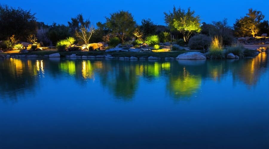 Evening pond illuminated with a mix of blue and green lights creating depth, and amber and red tones highlighting surface features, reflecting a magical interplay of colors on the water.
