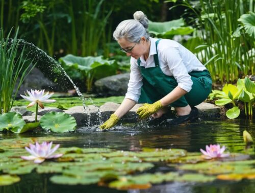 "Master Gardener demonstrating water quality testing at a scenic pond garden, surrounded by vibrant aquatic plants and teaching a group of garden enthusiasts."