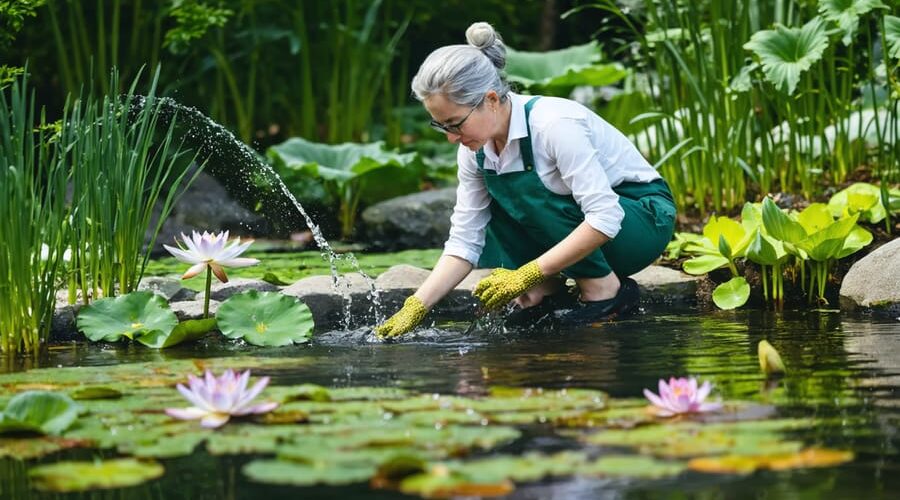 "Master Gardener demonstrating water quality testing at a scenic pond garden, surrounded by vibrant aquatic plants and teaching a group of garden enthusiasts."