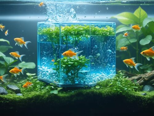 Conceptual illustration of an eco-aquarium water purifier cube maintaining a clear and healthy fish tank, showcasing its porous texture and beneficial bacteria functions.