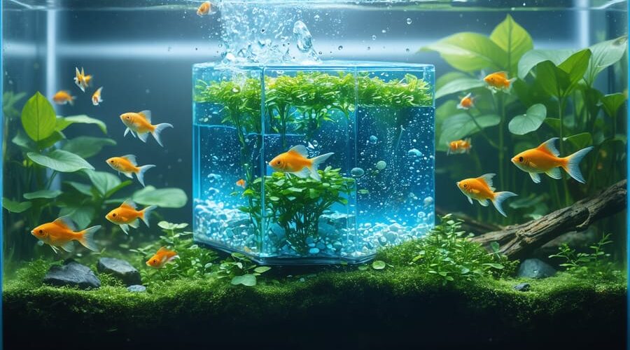 Conceptual illustration of an eco-aquarium water purifier cube maintaining a clear and healthy fish tank, showcasing its porous texture and beneficial bacteria functions.