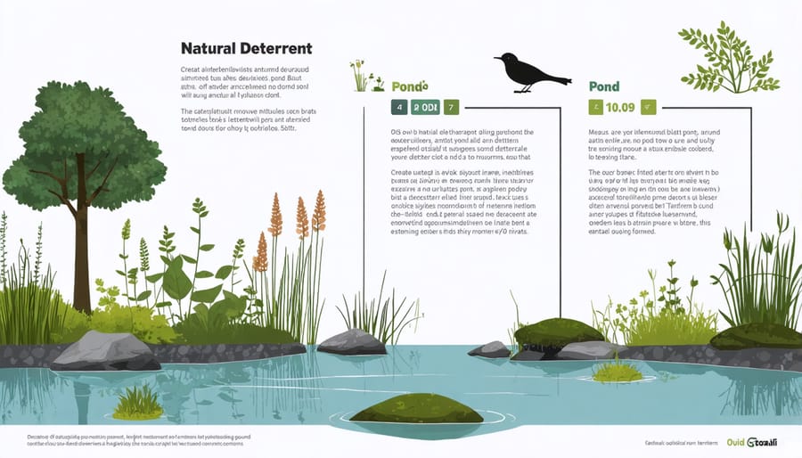 Illustrated diagram of natural predator deterrent techniques including fencing, plants, and lighting