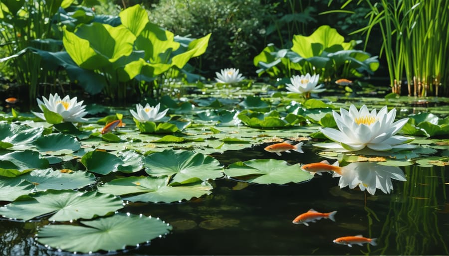 Balanced pond ecosystem showing various beneficial plants and aquatic life working together