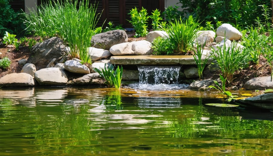 Landscaped pond edge showing water lilies, cattails, and graduated stone filtration system