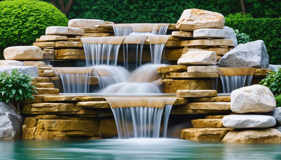 Multi-tiered garden pond waterfall with naturalistic rock arrangement and flowing water