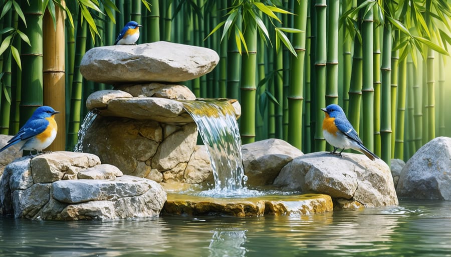 Wildlife-friendly water feature constructed with natural materials showing birds interacting