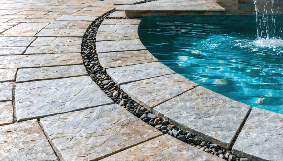 Detailed view of various non-slip natural stone textures used in water feature construction