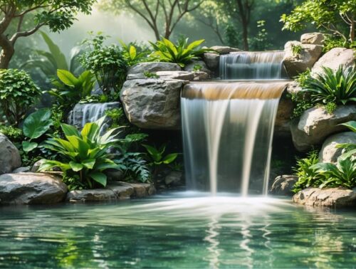A tranquil garden featuring a beautifully integrated waterfall nestled among lush greenery, with water cascading over natural rocks, creating a peaceful outdoor oasis.
