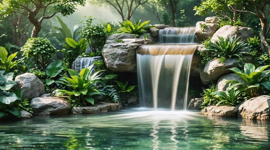 A tranquil garden featuring a beautifully integrated waterfall nestled among lush greenery, with water cascading over natural rocks, creating a peaceful outdoor oasis.