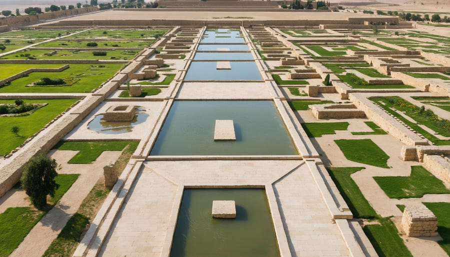 Ancient Persian garden ruins with restored water channels forming symmetrical patterns