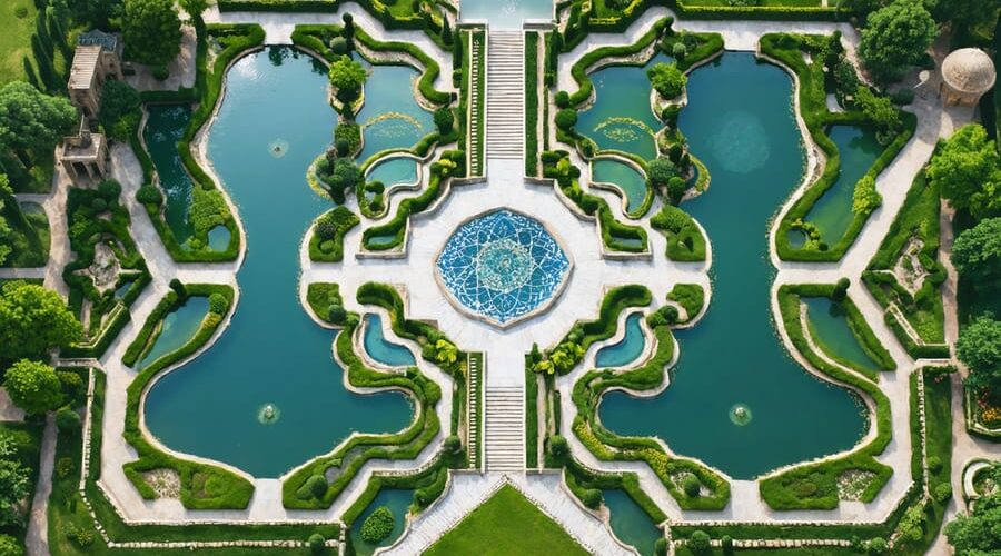 Aerial view of a historical Persian garden with geometric water channels and reflecting pools surrounded by lush greenery, symbolizing paradise and royal authority.