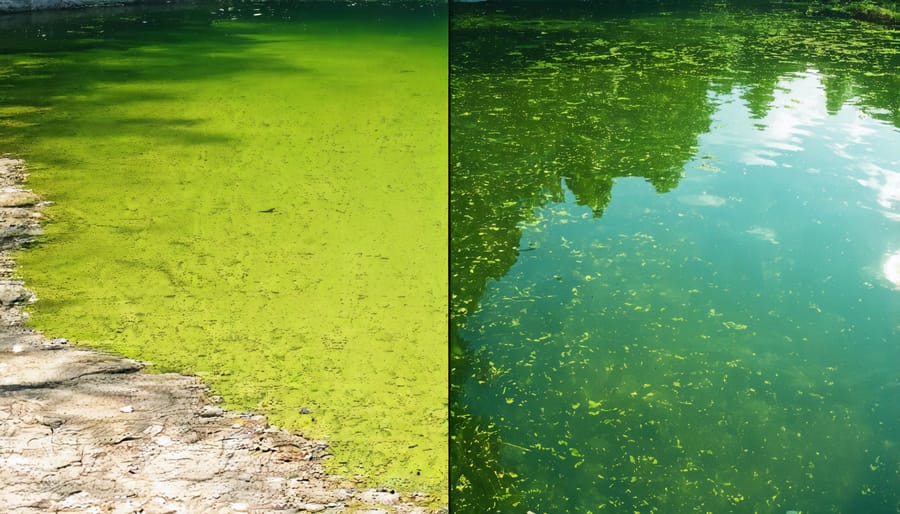 Side-by-side comparison showing the difference between a clear, healthy pond and one affected by algae bloom