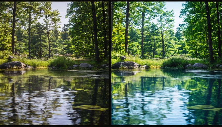 Side-by-side comparison showing a pond lit with warm yellow lights versus cool blue lights