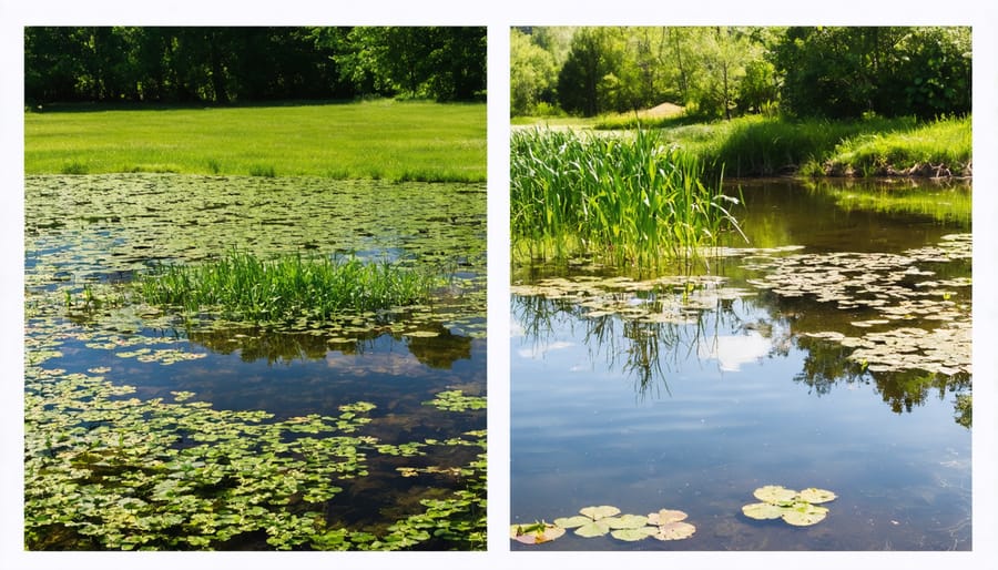 Side-by-side comparison showing clear water with healthy fish versus cloudy water with stressed fish