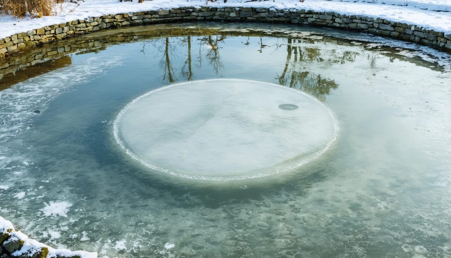 Active pond de-icer creating open water area in winter koi pond