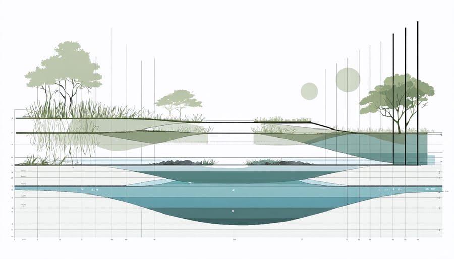 Illustrated cross-section of a pond showing different depth zones, shelf levels, and plant placement areas