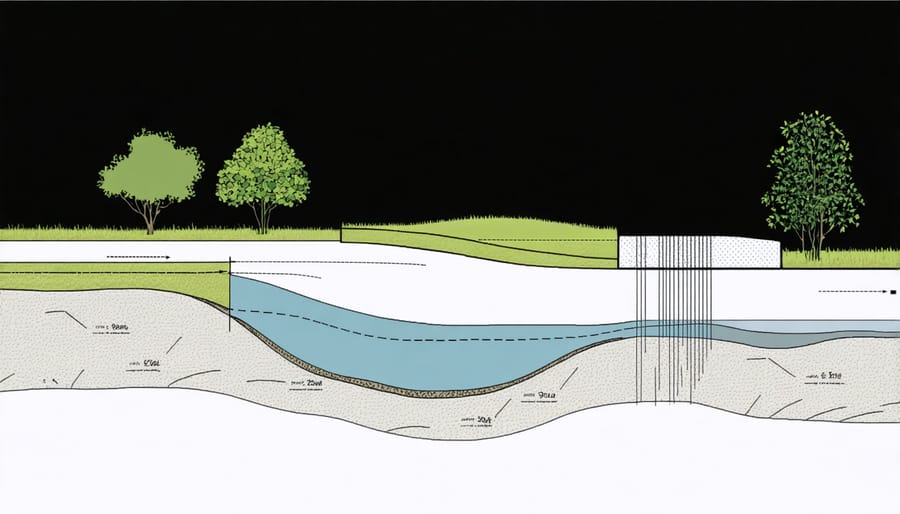 Technical illustration of wildlife pond layers and depths with measurements