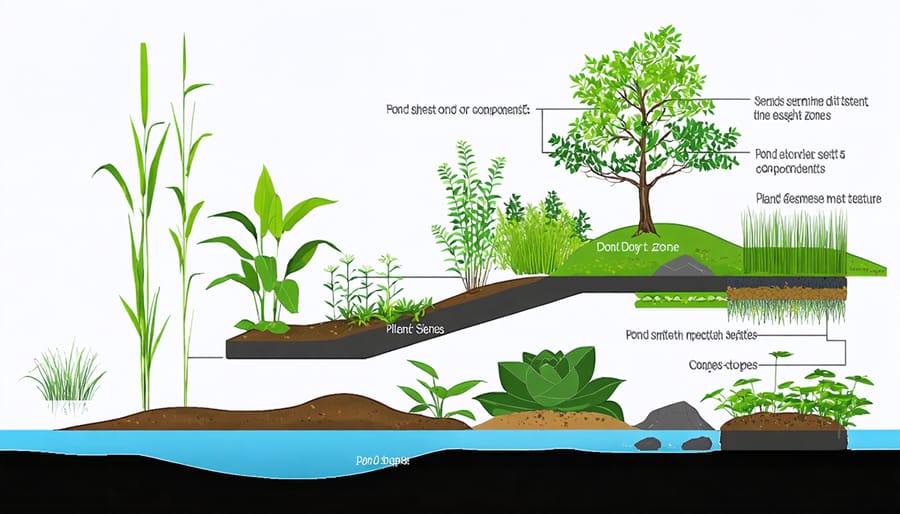 Technical illustration of pond layers, depth zones, and structural elements