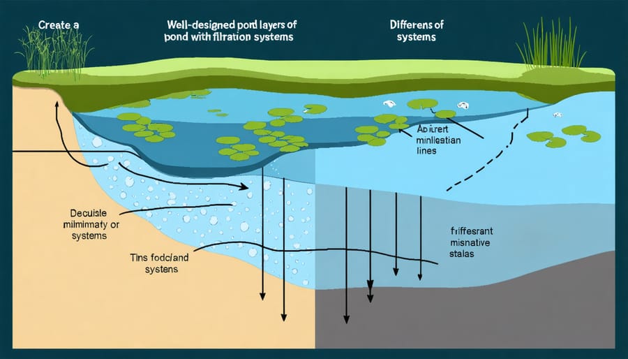 Cross-section illustration of pond design elements including plant zones, filtration, and water movement