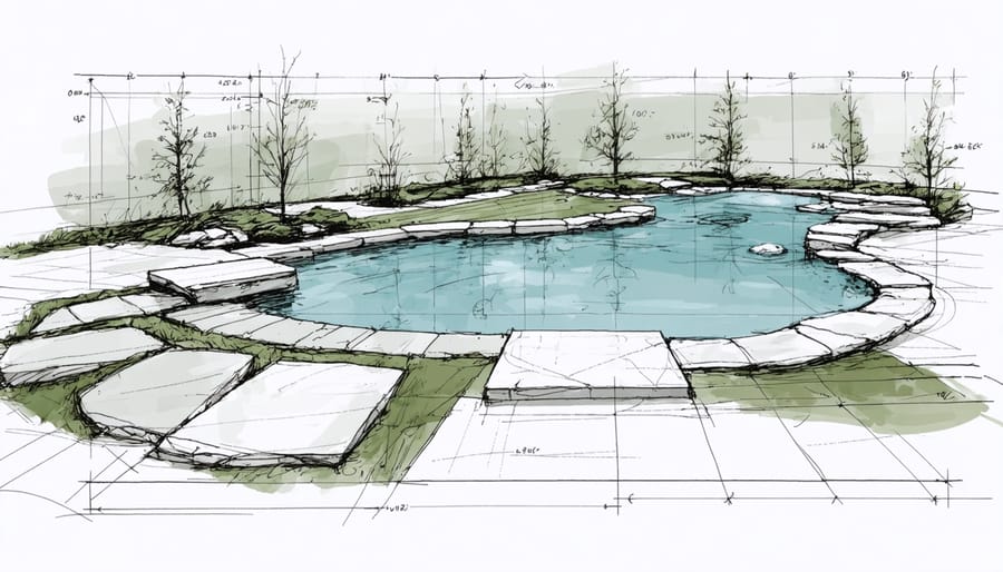 Technical sketch of pond layout with dimensions, depth markers, and feature placements